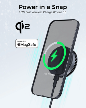 Fast Magnetic Charging: MagSafe-compatible charger with a strong magnetic connection delivers up to 15W for quick and reliable charging.
Active Cooling System: Integrated cooling fan prevents overheating, maintaining consistent charging speeds and extending the life of your device.