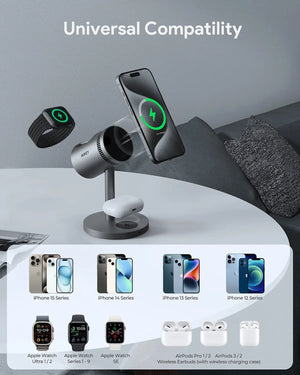 3-in-1 Charging: Simultaneously charge your iPhone, Apple Watch, and AirPods with dedicated magnetic and wireless charging zone. keep your Phone cool while charging to prevent battery damage