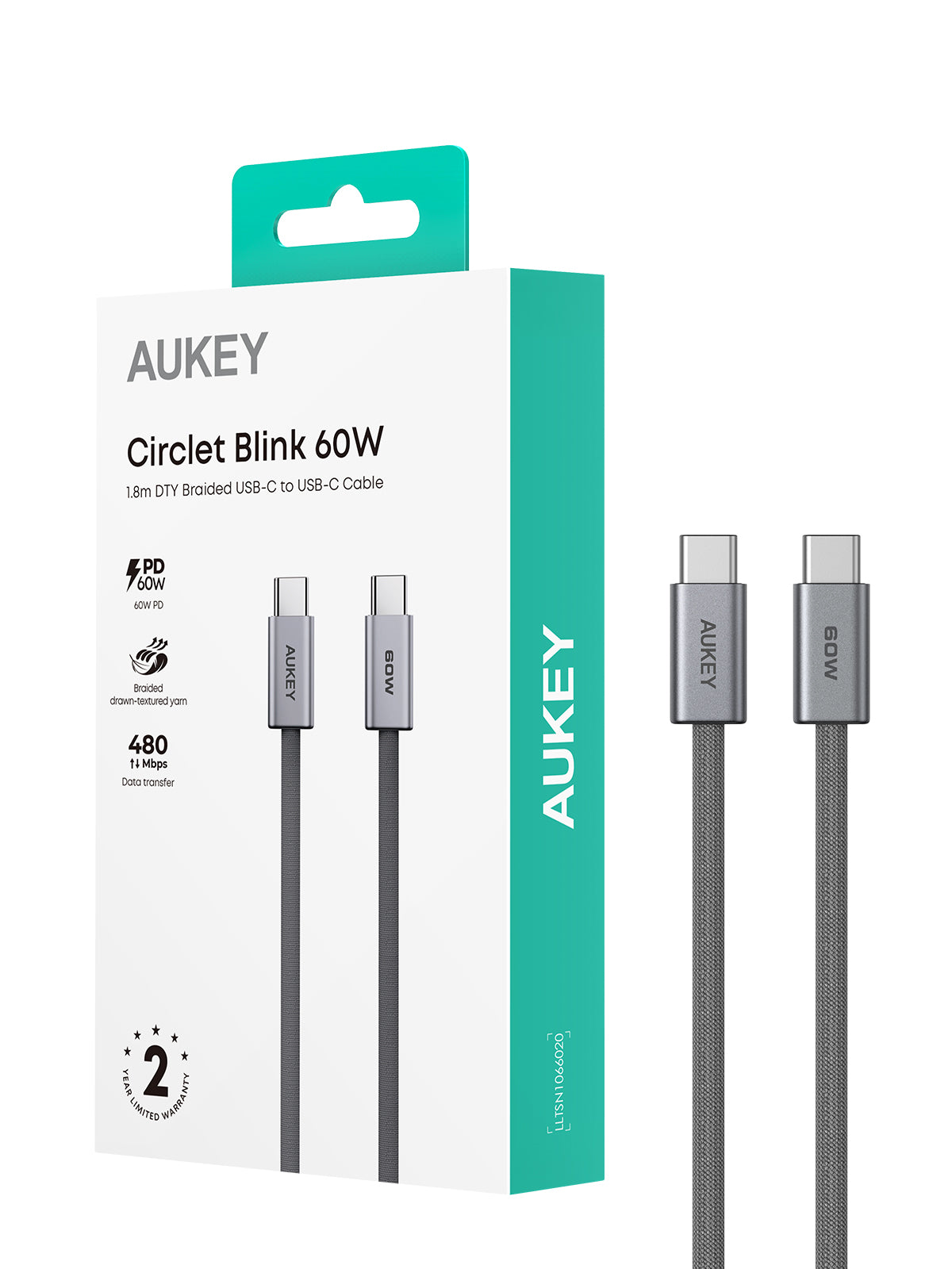 Aukey Circlet Blink 1.8m 60W DTY Braided USB-C to C Cable (CB-DCC062)