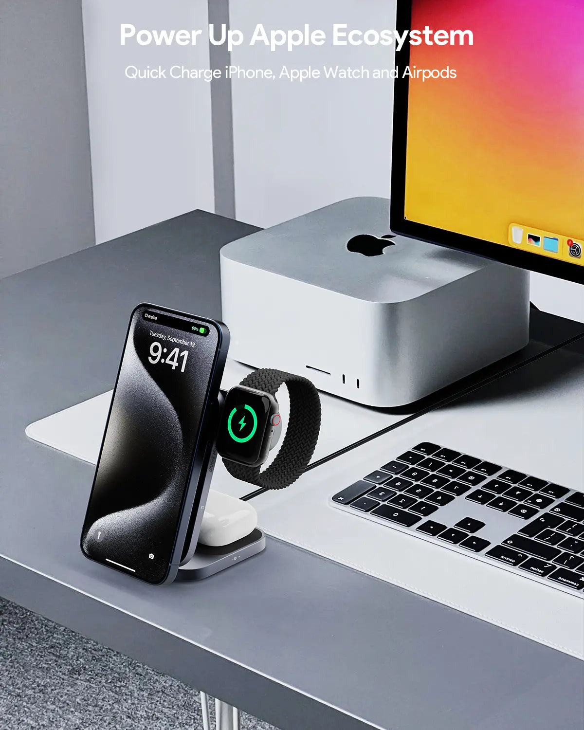 Foldable Design: Adjustable stand allows for flat or angled positioning, ideal for hands-free viewing or compact travel storage. Compatible with iPhone, Airpods and Apple Watch