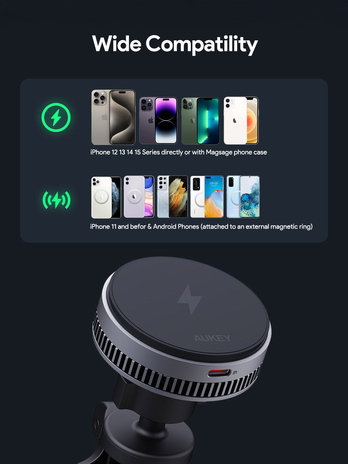 Built in Magsafe with cooling system, wireless charging 15W, compatible with Android and Apple mobile devices. 