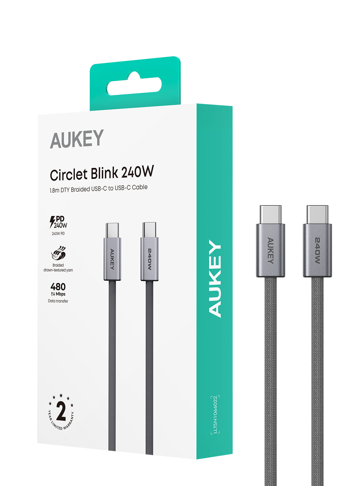 Aukey Circlet Blink 1.8m 240W DTY Braided USB-C to C Cable (CB-DCC242)